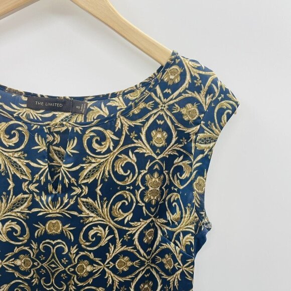 The Limited Womens Size XS Mixed Media Satin Blouse with Keyhole Blue Gold 578 - Picture 2 of 5